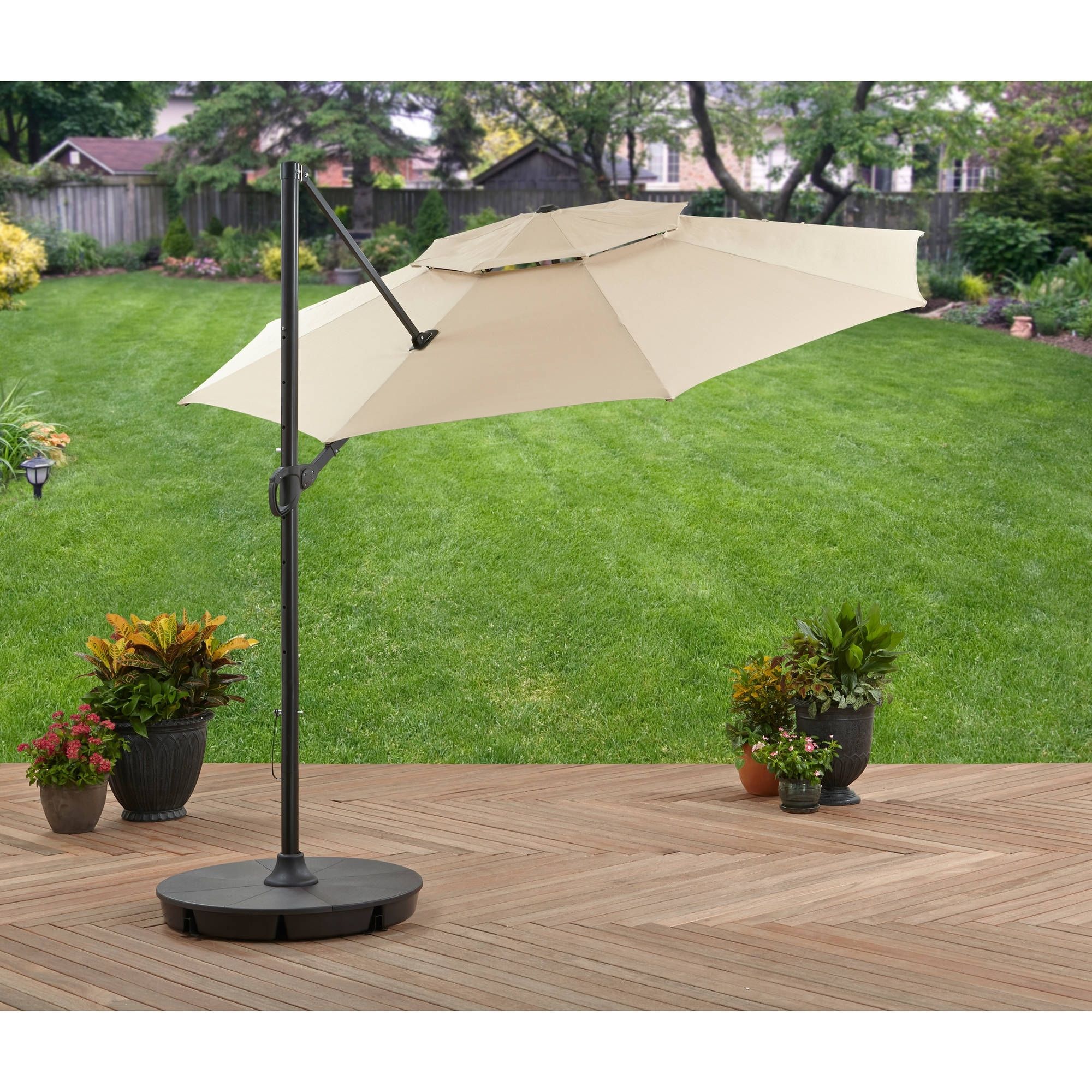 Showing Gallery Of Offset Patio Umbrellas With Base View 13 Of 20 Photos